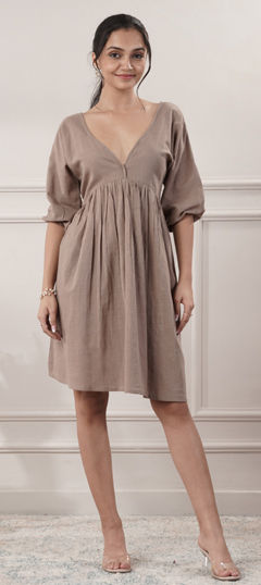 Beige and Brown color Dress in Cotton fabric with Thread work