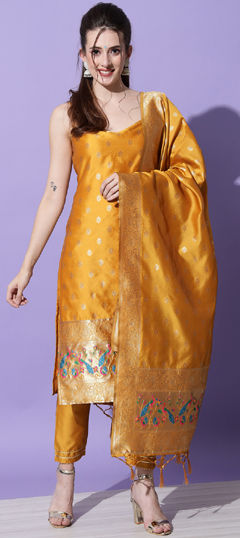 Yellow color Salwar Kameez in Silk cotton fabric with Weaving work