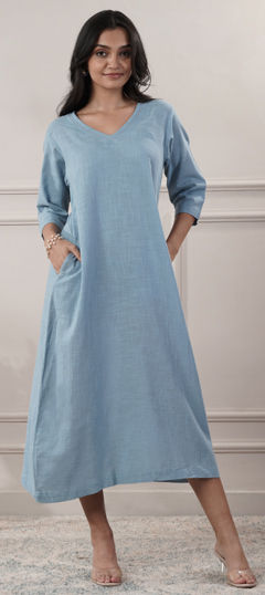 Blue color Dress in Cotton fabric with Thread work