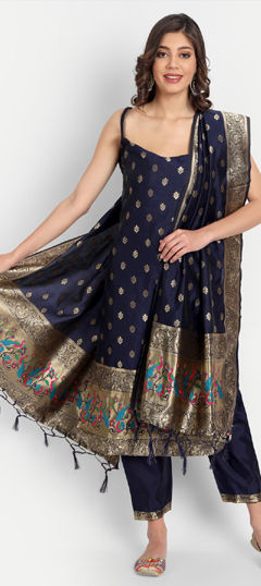 Blue color Salwar Kameez in Silk cotton fabric with Weaving work