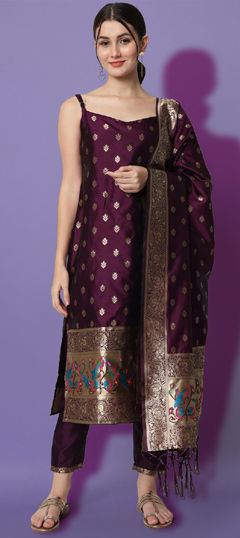 Purple and Violet color Salwar Kameez in Silk cotton fabric with Weaving work