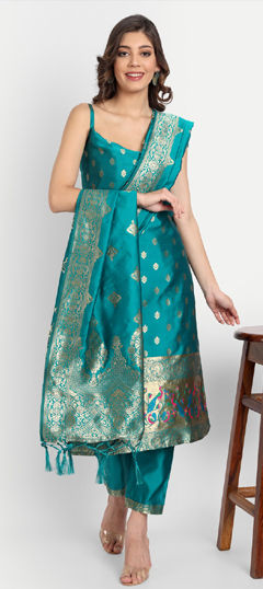 Blue color Salwar Kameez in Silk cotton fabric with Weaving work