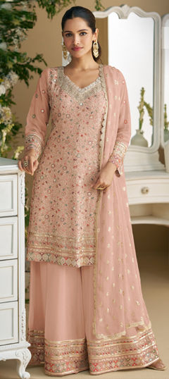 Pink and Majenta color Salwar Kameez in Faux Georgette fabric with Embroidered, Sequence, Thread work