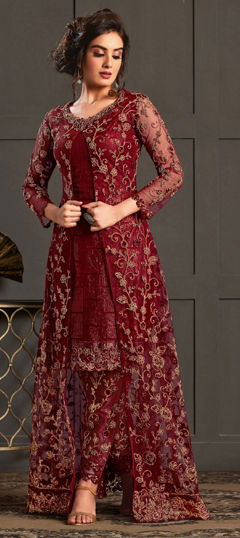 Red and Maroon color Salwar Kameez in Net fabric with Embroidered, Sequence, Thread work