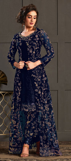 Blue color Salwar Kameez in Net fabric with Embroidered, Sequence, Thread work