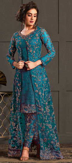 Blue color Salwar Kameez in Net fabric with Embroidered, Sequence, Thread work