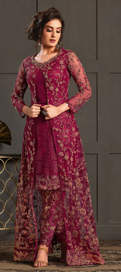 Pink and Majenta color Salwar Kameez in Net fabric with Embroidered, Sequence, Thread work
