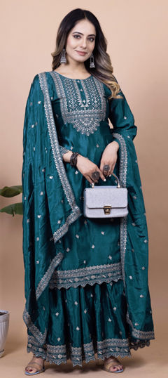 Blue color Salwar Kameez in Chinon Silk fabric with Embroidered, Thread work
