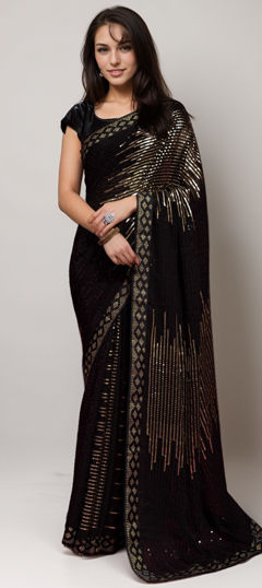 Gold color Saree in Georgette fabric with Embroidered, Sequence, Thread work