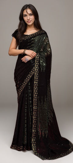 Green color Saree in Georgette fabric with Embroidered, Sequence, Thread work
