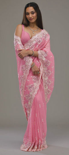 Pink and Majenta color Saree in Crushed Silk fabric with Embroidered, Sequence, Thread work