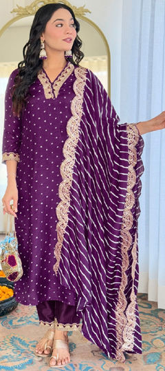Purple and Violet color Salwar Kameez in Silk fabric with Bandhej, Embroidered, Printed work