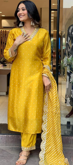 Yellow color Salwar Kameez in Silk fabric with Bandhej, Embroidered, Printed work