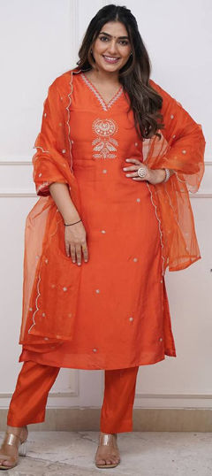Orange color Salwar Kameez in Viscose fabric with Embroidered work