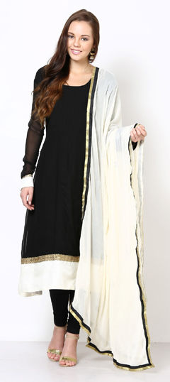 Black and Grey color Salwar Kameez in Georgette fabric with Patch work