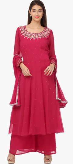 Pink and Majenta color Salwar Kameez in Georgette fabric with Embroidered, Thread work