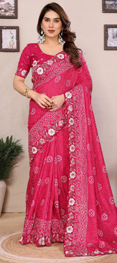 Pink and Majenta color Saree in Art Silk fabric with Bandhej, Border, Embroidered, Printed work