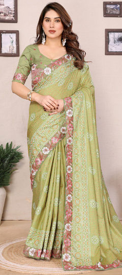 Green color Saree in Art Silk fabric with Bandhej, Border, Embroidered, Printed work