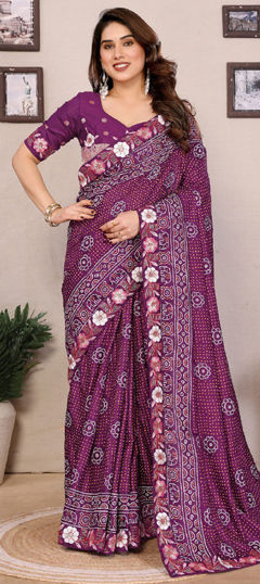 Purple and Violet color Saree in Art Silk fabric with Bandhej, Border, Embroidered, Printed work