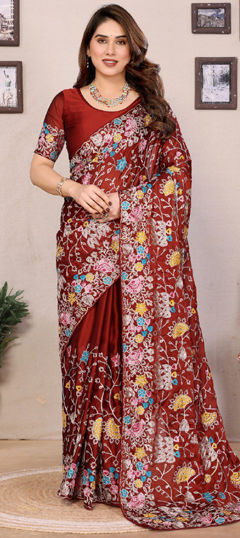 Red and Maroon color Saree in Art Silk fabric with Embroidered, Resham, Thread work