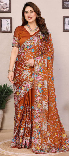 Beige and Brown color Saree in Art Silk fabric with Embroidered, Resham, Thread work