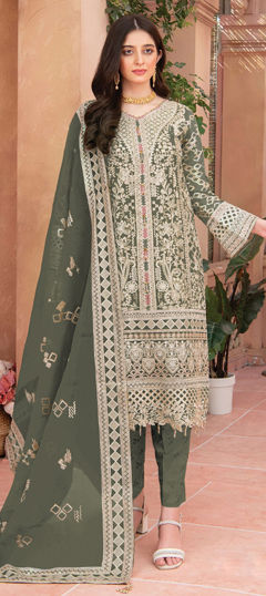Green color Salwar Kameez in Organza Silk fabric with Embroidered, Thread, Zircon work