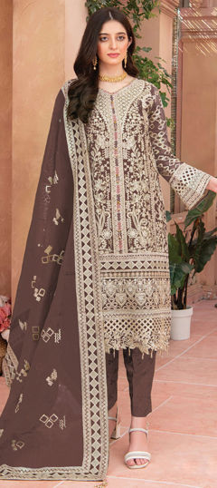 Beige and Brown color Salwar Kameez in Organza Silk fabric with Embroidered, Thread, Zircon work