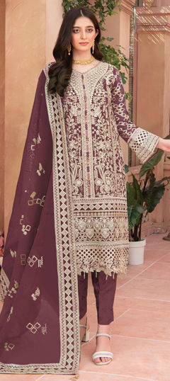 Red and Maroon color Salwar Kameez in Organza Silk fabric with Embroidered, Thread, Zircon work