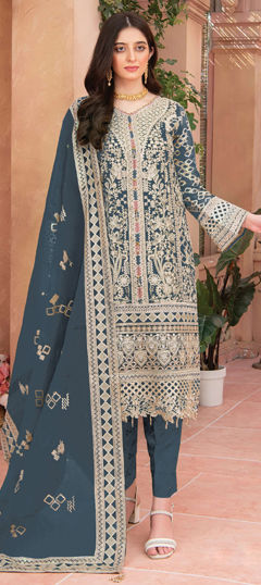 Black and Grey color Salwar Kameez in Organza Silk fabric with Embroidered, Thread, Zircon work