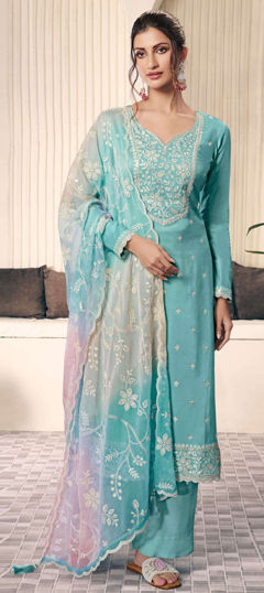 Blue color Salwar Kameez in Silk fabric with Embroidered, Sequence, Thread work