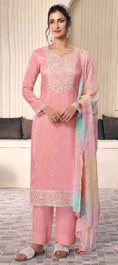 Pink and Majenta color Salwar Kameez in Silk fabric with Embroidered, Sequence, Thread work