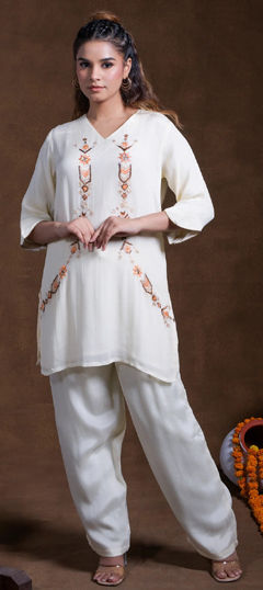 White and Off White color Salwar Kameez in Rayon fabric with Embroidered, Thread work