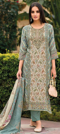 Green color Salwar Kameez in Muslin fabric with Aari, Digital Print, Mirror work