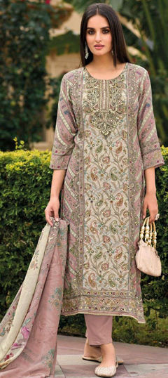 Pink and Majenta color Salwar Kameez in Muslin fabric with Aari, Digital Print, Mirror work