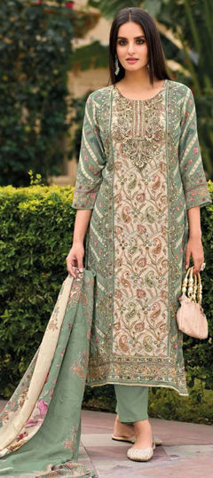 Green color Salwar Kameez in Muslin fabric with Aari, Digital Print, Mirror work