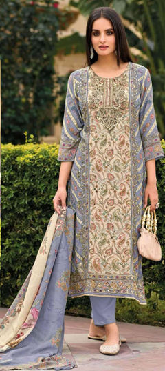 Blue color Salwar Kameez in Muslin fabric with Aari, Digital Print, Mirror work