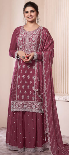 Red and Maroon color Salwar Kameez in Chinon Silk fabric with Embroidered, Thread work