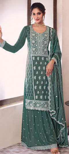 Green color Salwar Kameez in Chinon Silk fabric with Embroidered, Thread work