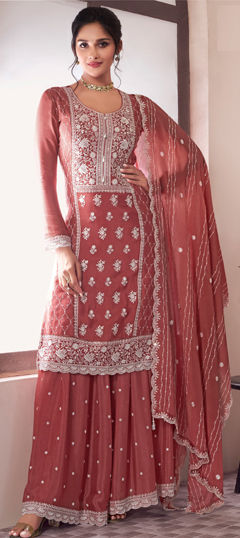Red and Maroon color Salwar Kameez in Chinon Silk fabric with Embroidered, Thread work