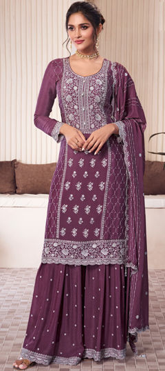 Purple and Violet color Salwar Kameez in Chinon Silk fabric with Embroidered, Thread work