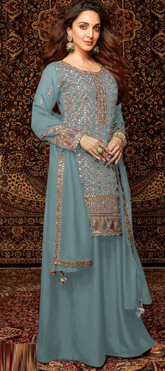 Blue color Salwar Kameez in Chinon Silk fabric with Embroidered, Sequence, Thread work