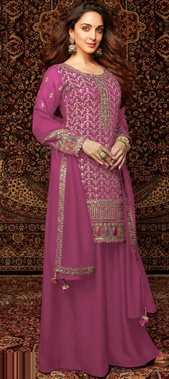 Pink and Majenta color Salwar Kameez in Chinon Silk fabric with Embroidered, Sequence, Thread work