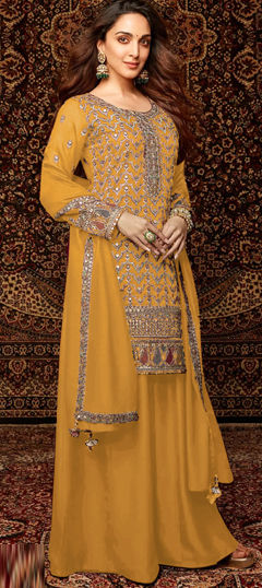 Yellow color Salwar Kameez in Chinon Silk fabric with Embroidered, Sequence, Thread work
