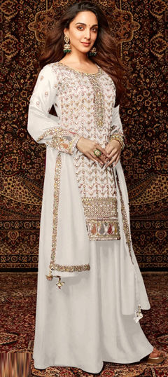 White and Off White color Salwar Kameez in Chinon Silk fabric with Embroidered, Sequence, Thread work