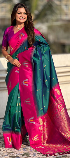 Green color Saree in Silk fabric with Weaving work