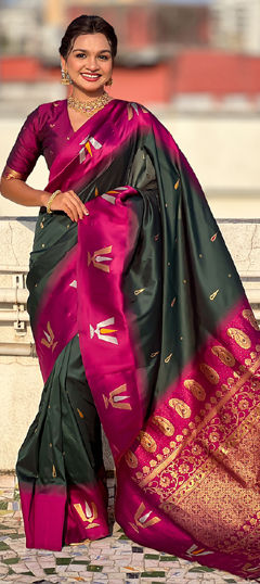 Green color Saree in Silk fabric with Weaving work