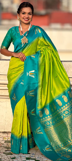 Green color Saree in Silk fabric with Weaving work