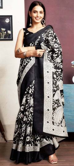 Black and Grey, White and Off White color Saree in Bhagalpuri Silk fabric with Printed work