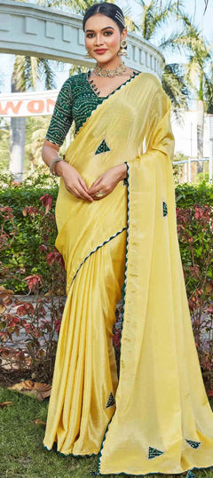Yellow color Saree in Chinon Silk fabric with Lace, Patch, Stone work