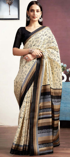 Beige and Brown, Black and Grey color Saree in Bhagalpuri Silk fabric with Printed work
